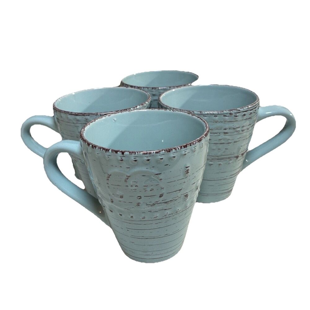 Elama Malibu Waves Coffee Cups Set Of 4 Rustic Stoneware Dinnerware in Aqua
